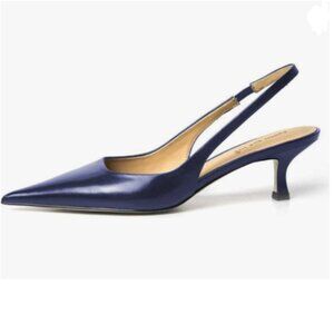 FSJ Dark Blue Kitten Heel Slingback Sandals Pointy Toe Sexy Pumps Party Shoes